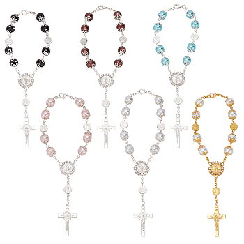 6Pcs 6 Colors Glass Pearl Rosary Bead Bracelets Set, Alloy Cross with Jesus Charm Bracelets, Mixed Color, 9-1/8 inch(23.3cm), 1Pc/color