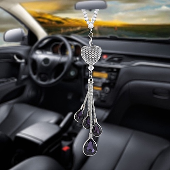 Alloy Heart with Rhinestone Teardrop Tassel Pendant Decorations, for Interior Car Mirror Hanging Decorations, Violet, 250mm