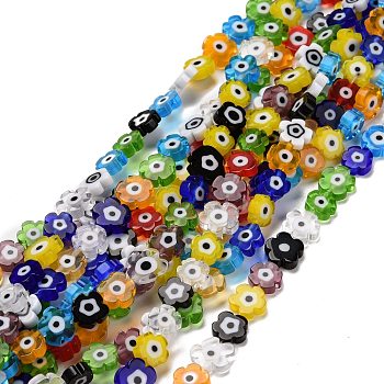 Handmade Millefiori Glass Bead Strands, Flower, Mixed Color, 7.5~9x3mm, Hole: 1mm, about 55~57pcs/strand, 15.55 inch~15.94 inch(39.5cm~40.5cm)