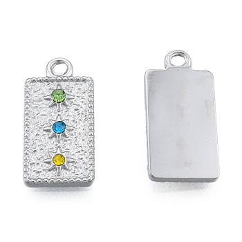 304 Stainless Steel Pendants, with Colorful Rhinestone, Rectangle with Star, Stainless Steel Color, 20.5x10x2.5mm, Hole: 1.6mm