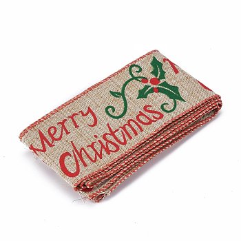 Polyester Imitation Linen Wrapping Ribbon, for Christmas Crafts Decoration, Floral Bows Craft, Word Christmas Pattern, Green, 2-1/2 inch(63mm), about 2.19 Yards(2.00m)/Strand