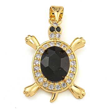 Tortoise Rack Plating Brass Micro Pave Cubic Zirconia Charms, Cadmium Free & Lead Free, Long-Lasting Plated, Real 18K Gold Plated, Black, 25x17x5.5mm, Hole:  4x3.5mm