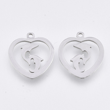 201 Stainless Steel Pendants, Laser Cut Pendants, Heart with Double Dolphin, Stainless Steel Color, 17.5x15.5x1mm, Hole: 1.4mm