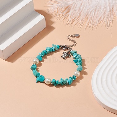 Synthetic Turquoise(Dyed) Chips & Imitation Pearl Beaded Bracelet with Alloy Turtle Charm(BJEW-TA00145)-2