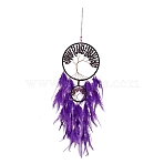Iron & Brass Wire Woven Web/Net with Feather Pendant Decorations, with Plastic and Amethyst Beads, Covered with Leather and Velvet Cord, Flat Round with Tree of Life, Purple, 635mm(AJEW-B017-16)