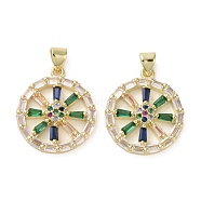 Brass Micro Pave Colorful Cubic Zirconia Pendants, Wheel, Real 16K Gold Plated, 22.5x19.5x4mm, Hole: 3.5x3mm(KK-H466-02G)