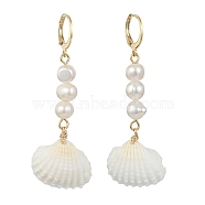 Shell Shape Natural Pearl & Shell Dangle Earrings for Women, with 304 Stainless Steel Finding, Golden, 65x25.5~26.5mm(EJEW-TA00302)