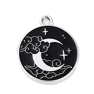 Alloy Enamel Pendants, Flat Round Charm, Platinum, Black, Moon, 22x19x1.3mm, Hole: 2mm(FIND-B036-01E)