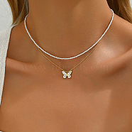 Elegant Brass Enamel Butterfly Imitation Pearl Double Layers Necklaces for Women, Golden, 19.69 inch(50cm)(AF5436-2)