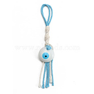 Flat Round with Evil Eye Resin Pendant Decorations, Cotton Cord Braided Tassel Hanging Ornament, White, 180mm(EVIL-PW0002-12D-08)