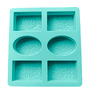 DIY Soap Silicone Molds, for Handmade Soap Making, Rectangle & Oval with Flower Pattern, Aquamarine, 218x198x24mm, Inner Diameter: 79~80x55x23mm(SOAP-PW0001-026A)
