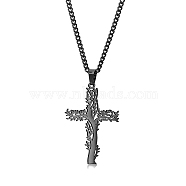 Stainless Steel Tree of Life Cross Pendant Curb Chain Necklaces, Gunmetal, 23.62 inch(60cm)(PW-WGAB092-02)