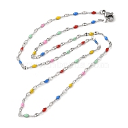 Colorful Enamel Oval & Dapped Link Chain Necklace, 304 Stainless Steel Jewelry for Women, Stainless Steel Color, 17.64 inch(44.8cm)(NJEW-Q315-01P)