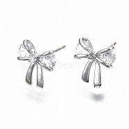 Brass Stud Earrings, with Clear Cubic Zirconia, Nickel Free, Bowknot, Real Platinum Plated, 9.5x9.5mm, Pin: 0.7mm(KK-T062-44P-NF)