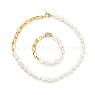 Natural Baroque Pearl Keshi Pearl Bracelets & Necklaces Sets, with Unwelded Iron Paperclip Chains and Brass Crimp Beads, 304 Stainless Steel Toggle Clasps, Golden, 7-3/4 inch(19.8cm), 17.48 inch(44.4cm), 2pcs/set(SJEW-JS01105)
