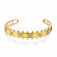 Brass Micro Pave Clear Cubic Zirconia Cuff Bangles, with Enamel, Nickel Free, Square, Real 16K Gold Plated, Yellow, Inner Diameter: 2-3/8x2 inch(5.9x4.5cm)(BJEW-N302-006G-NF)