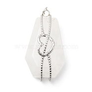 Natural Quartz Crystal Pendants, Hexagon Charm, with Stainless Steel Color Plated 304 Stainless Steel Heart Findings and Jump Rings, 36~36.5x19.5~20x12~14mm, Hole: 2mm(G-G870-09P-04)