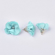 Handmade Cloth Pendant Decorations, with Alloy Findings, Flower, Cyan, 24~26x24~25mm, Hole: 2mm(X-FIND-063-01E)