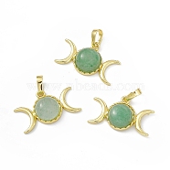 Natural Green Aventurine Pendants, Triple Moon Charms, with Golden Tone Rack Plating Brass Findings, Cadmium Free & Lead Free, 15x26x7mm, Hole: 6.5x4mm(G-H283-02F)