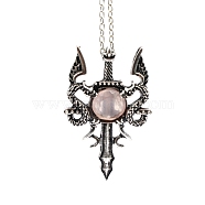 Natural Rose Quartz Dragon Sword Pendant Necklace, Gothic Alloy Jewelry for Men Women, Antique Silver & Platinum, 19.69 inch(50cm)(G-PW0004-67C)