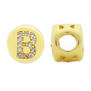Brass Micro Pave Clear Cubic Zirconia Beads, Flat Round with Letter, Letter.B, 7.5x6.5mm, Hole: 3.5mm, 3pcs/bag(KK-T030-LA843-BX3)