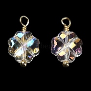 Glass Charms, with Rack Plating Brass Findings, Real 18K Gold Plated, Clover Charm, Clear AB, 14x8x4mm, Hole: 1.8mm(KK-M266-08G)