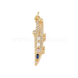 Brass Micro Pave Cubic Zirconia Pendants, with Glass and Jump Ring, Real 18K Gold Plated, Gun, Clear, 29x7.5x2.5mm, Hole: 3mm(KK-E111-39G-02)