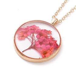 Dry Pressed Real Flower Resin Pendant Necklace, Light Gold Alloy Choker Necklace for Women, Hot Pink, 19.69 inch~20.47 inch(50~52cm)(X-NJEW-G088-01KCG-03)