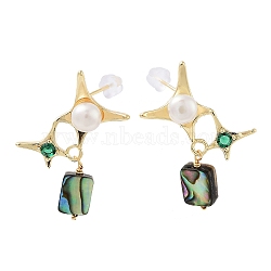 Pearl Ear Studs, with Brass Glass Findings and 925 Sterling Silver Pins, Star, Real 14K Gold Plated, 30.5x22.5mm(EJEW-P256-05G)