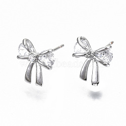 Brass Stud Earrings, with Clear Cubic Zirconia, Nickel Free, Bowknot, Real Platinum Plated, 9.5x9.5mm, Pin: 0.7mm(KK-T062-44P-NF)
