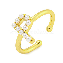 Rack Plating Brass Open Cuff Rings for Women, with ABS Imitation Pearl, Cadmium Free & Lead Free, Long-Lasting Plated, Letter, Letter P, Inner Diameter: 17mm, Letter P: 11.5x7.5mm(RJEW-F162-01G-P)