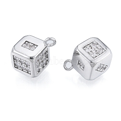 Brass Micro Pave Clear Cubic Zirconia Charms, Cadmium Free & Nickel Free & Lead Free, Dice, Real Platinum Plated, 15x12x12mm, Hole: 1.8mm(KK-N216-561P)