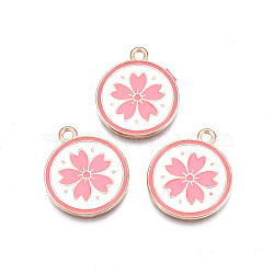 Alloy Enamel Pendants, Cadmium Free & Lead Free, Flat Round with Flower, Hot Pink, 20.5x17.5x1.5mm, Hole: 1.6mm(ENAM-S115-148B)