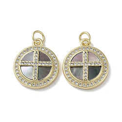 Brass Micro Pave Clear Cubic Zirconia Cross Pendants, Natural Black Lip Shell Flat Round Charms with Jump Rings, Real 18K Gold Plated, 18.5x15.5x3.5mm, Hole: 3mm(KK-G485-32G-02)