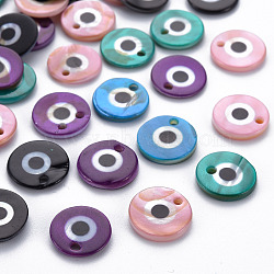Printed Freshwater Shell Charms, Flat Round with Evil Eye, Mixed Color, 12~13x1.5~3mm, Hole: 1.5~1.8mm(SHEL-S276-144)