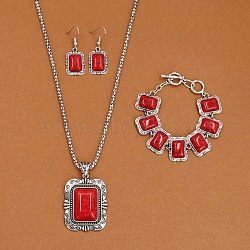 Rectangle Alloy with Synthetic Turquoise Pendant Necklaces & Dangle Earrings & Link Bracelets Sets, Antique Silver, Red, 19.29 inch(490mm)(WGD1135-12)