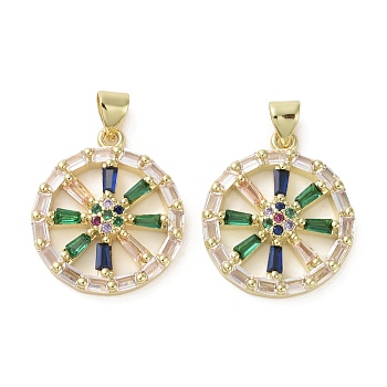 Brass Micro Pave Colorful Cubic Zirconia Pendants, Wheel, Real 16K Gold Plated, 22.5x19.5x4mm, Hole: 3.5x3mm