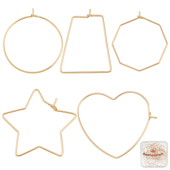 40Pcs 5 Style Brass Hoop Earring Findings, Wine Glass Charm Rings, Star & Ring & Octagon & Trapezoid, Golden, 20 Gauge, 34~37x28~40x0.8mm, Pin: 0.8mm, 8Pcs/style