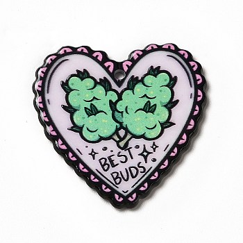 Weed Pattern Theme Printed  Acrylic Pendants, Word Best Buds, Heart, 33x34.5x2mm, Hole: 1.8mm