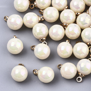 Acrylic Imitation Pearl Pendants, with Light Gold Tone Brass Loop, AB Color Plated, Round, Beige, 12x8mm, Hole: 1.6mm