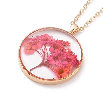 Dry Pressed Real Flower Resin Pendant Necklace, Light Gold Alloy Choker Necklace for Women, Hot Pink, 19.69 inch~20.47 inch(50~52cm)