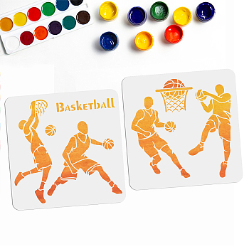 2Pcs 2 Styles PET Hollow Out Drawing Painting Stencils, for DIY Scrapbook, Photo Album, Basketball Pattern, 300x300mm, 1pc/style