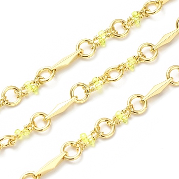 Rack Plating Brass Rhombus & Ring Link Chains, with Yellow Green Glass Beaded, Unwelded, with Spool, Lead Free & Cadmium Free, Real 18K Gold Plated, 6x1mm, 13x3x3mm, 10x2.5mm