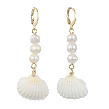 Shell Shape Natural Pearl & Shell Dangle Earrings for Women, with 304 Stainless Steel Finding, Golden, 65x25.5~26.5mm