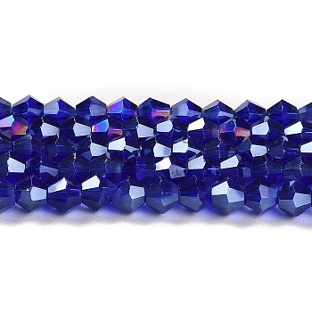 Transparent Electroplate Glass Beads Strands, AB Color Plated, Faceted, Bicone, Dark Blue, 6x6mm, Hole: 1mm, about 45~47pcs/strand, 9.65~9.84 inch(24.5~25cm)