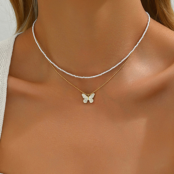 Elegant Brass Enamel Butterfly Imitation Pearl Double Layers Necklaces for Women, Golden, 19.69 inch(50cm)