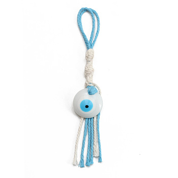 Flat Round with Evil Eye Resin Pendant Decorations, Cotton Cord Braided Tassel Hanging Ornament, White, 180mm