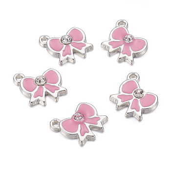 Alloy Enamel Pendants, Lead Free and Cadmium Free, Bowknot, Platinum Color, Pink, 19x17x2mm, Hole: 2mm