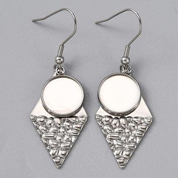 304 Stainless Steel Earring Hooks, with Flat Round Settings, Rhombus, Stainless Steel Color, 50mm, Pin: 1mm, Tray: 12mm