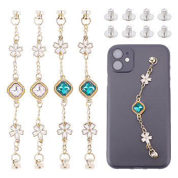 4 Sets 2 Colors Alloy Enamel Link Chain for DIY Keychains, with Rhinestone, Phone Case Decoration Jewelry Accessories, Flower, Mixed Color, 15.7cm, 2 sets/color